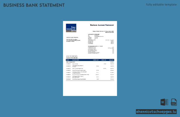 USA First America Bank Firmenkontoauszug (Word- und PDF-Beispiel)